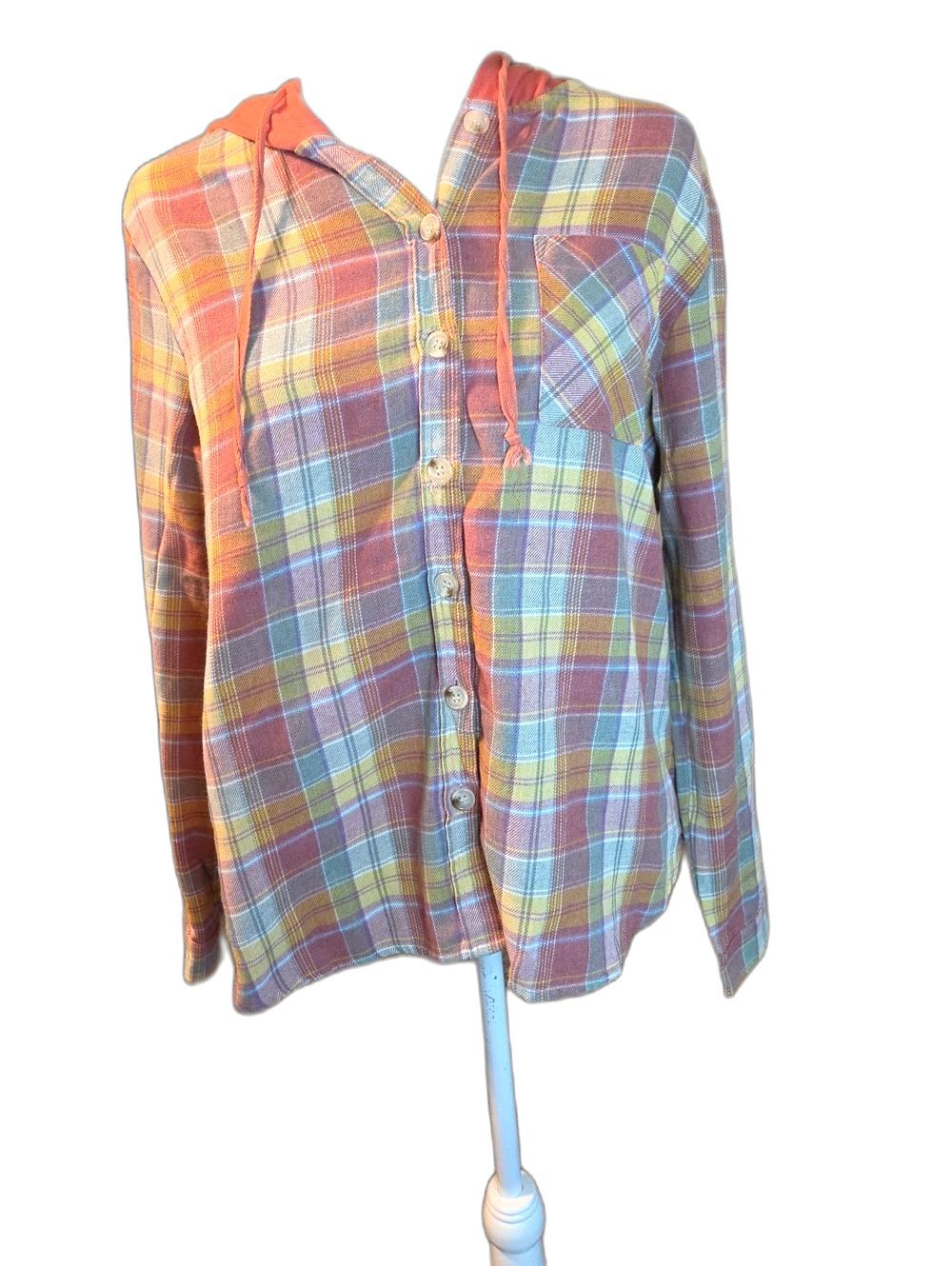 Exclusive - Plaid Button-Down Hooded Shirt - Yellow & Coral